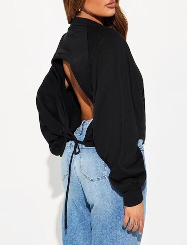 TZLDN Women Cropped Sweatshirts Open Back Long Sleeve Crew Neck Hoodies Pullover Y2k Tops Casual Outfits Fall Fashion Clothes in Saudi Arabia