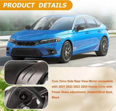 Civic Drive Side Rear View Mirror compatible with 2022 2023 2024 2025 Honda Civic with Power Glass adjustment, Heated,Blind Spot, Match Black Metallic in Saudi Arabia