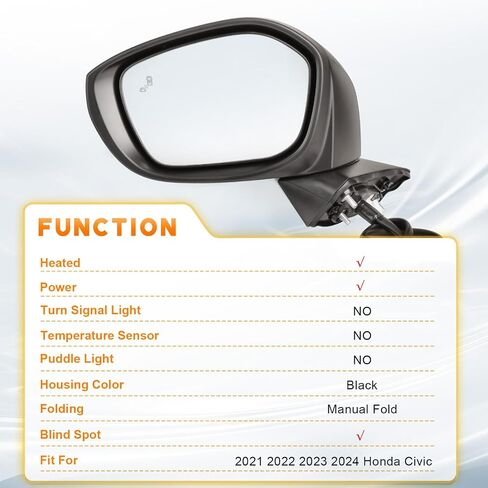 Civic Drive Side Rear View Mirror compatible with 2022 2023 2024 2025 Honda Civic with Power Glass adjustment, Heated,Blind Spot, Match Black Metallic in Saudi Arabia