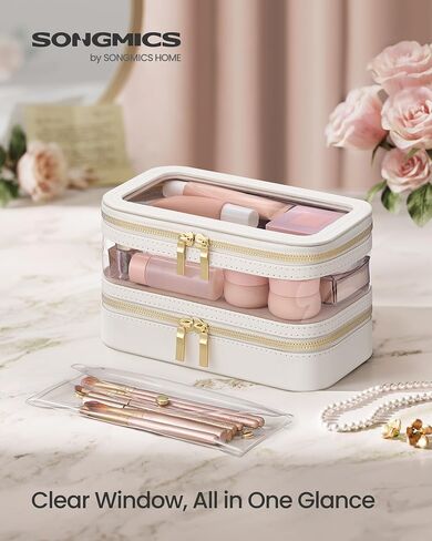 SONGMICS Makeup Bag with Mirror, with Jewelry Storage, Travel Makeup Bag, with Separate Brush Storage Pouch, Transparent Window, 8.7 x 4.7 x 4.7 Inches, Gift Idea, Cloud White UJKA026W01 in Saudi Arabia