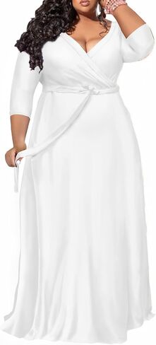 فستان مقاس كبير للنساء - فستان ماكسي برقبة على شكل حرف V كم 3/4 مع حزام وجيوب (2XL-6XL) in Saudi Arabia