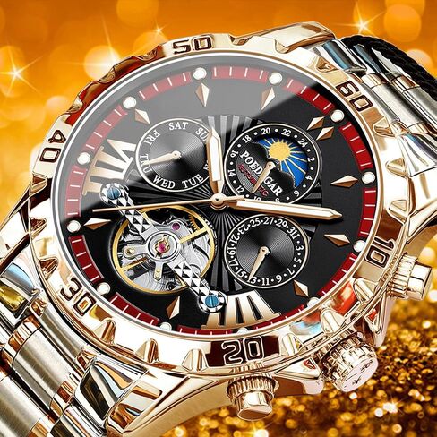 FORSINING Mechanical Men's Watch, Moon Phase Tourbillon Automatic Self-Wind Wristwatch, Luxury Stainless Steel Band 43mm Big Dial Mens Wrist Watch with 3 Sub Dial in Saudi Arabia
