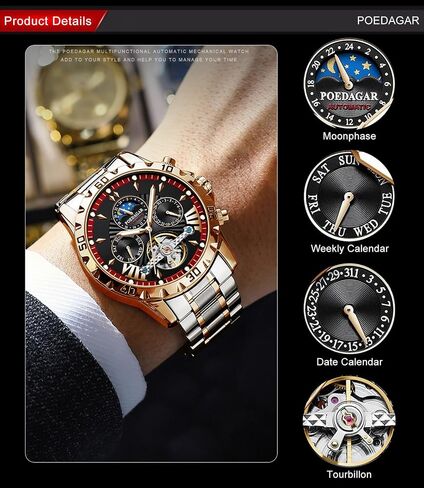 FORSINING Mechanical Men's Watch, Moon Phase Tourbillon Automatic Self-Wind Wristwatch, Luxury Stainless Steel Band 43mm Big Dial Mens Wrist Watch with 3 Sub Dial in Saudi Arabia