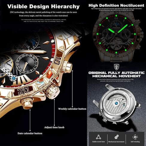 FORSINING Mechanical Men's Watch, Moon Phase Tourbillon Automatic Self-Wind Wristwatch, Luxury Stainless Steel Band 43mm Big Dial Mens Wrist Watch with 3 Sub Dial in Saudi Arabia