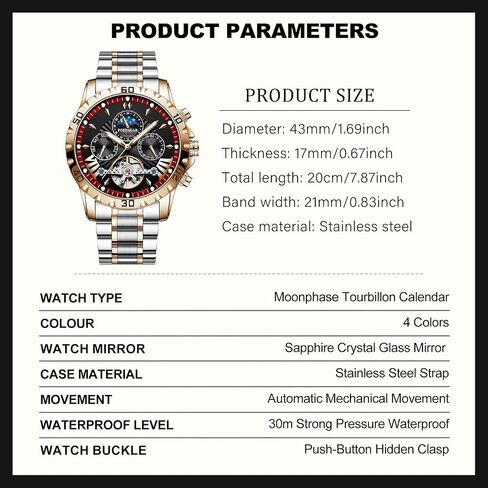 FORSINING Mechanical Men's Watch, Moon Phase Tourbillon Automatic Self-Wind Wristwatch, Luxury Stainless Steel Band 43mm Big Dial Mens Wrist Watch with 3 Sub Dial in Saudi Arabia
