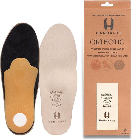 HANDARTE Leather Orthotic Insoles for Men | Arch Support Inserts for Flat Feet, Plantar Fasciitis & Overpronation | 100% Natural Goatskin - Chrome-Free, Anti-Sweat & Anti-Odor (US M11 | EU45) in Kuwait