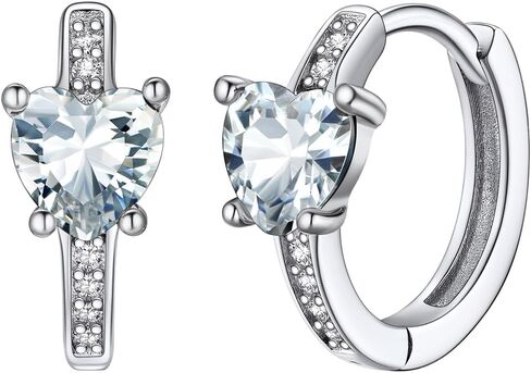 Silvora S925 Sterling Silver Birthstone Earrings, 10mm Inner Diameter with Heart/Round Shaped CZ Stone, Hoop Earrings for Women - Birthstone Jewelry in Kuwait