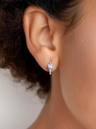 Silvora S925 Sterling Silver Birthstone Earrings, 10mm Inner Diameter with Heart/Round Shaped CZ Stone, Hoop Earrings for Women - Birthstone Jewelry in Kuwait