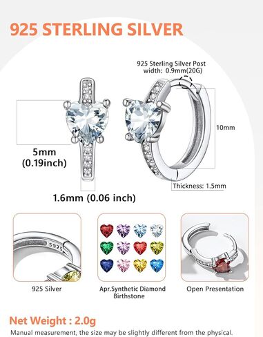 Silvora S925 Sterling Silver Birthstone Earrings, 10mm Inner Diameter with Heart/Round Shaped CZ Stone, Hoop Earrings for Women - Birthstone Jewelry in Kuwait