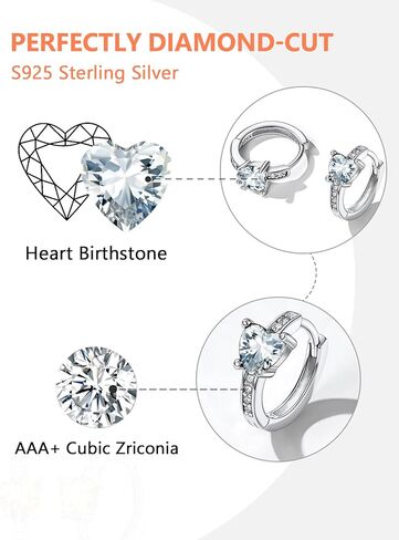 Silvora S925 Sterling Silver Birthstone Earrings, 10mm Inner Diameter with Heart/Round Shaped CZ Stone, Hoop Earrings for Women - Birthstone Jewelry in Kuwait