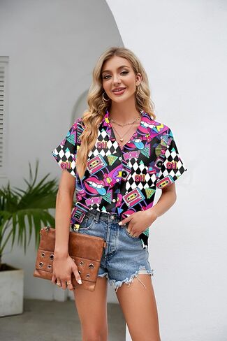 PECHAR 80s 90s قميص هاواي صيفي للنساء ريترو حفلة ديسكو نيون ملابس 80s ملابس زر أسفل البلوزات in Kuwait