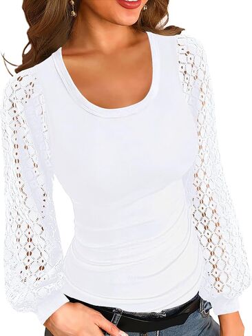 Basicspace Womens Fashion Lace Balloon Tops Knit Ribbed Stretch Slim Fitted Shirts Round Neck Blouse for Women in Kuwait