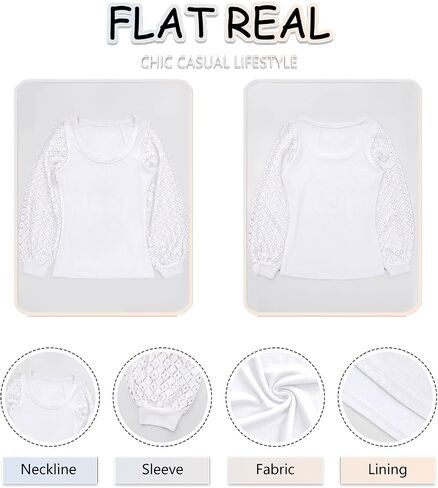 Basicspace Womens Fashion Lace Balloon Tops Knit Ribbed Stretch Slim Fitted Shirts Round Neck Blouse for Women in Kuwait