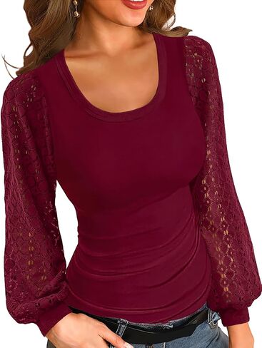 Basicspace Womens Fashion Lace Balloon Tops Knit Ribbed Stretch Slim Fitted Shirts Round Neck Blouse for Women in Kuwait