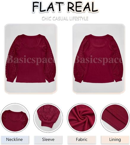 Basicspace Womens Fashion Lace Balloon Tops Knit Ribbed Stretch Slim Fitted Shirts Round Neck Blouse for Women in Kuwait