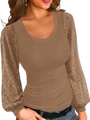 Basicspace Womens Fashion Lace Balloon Tops Knit Ribbed Stretch Slim Fitted Shirts Round Neck Blouse for Women in Kuwait