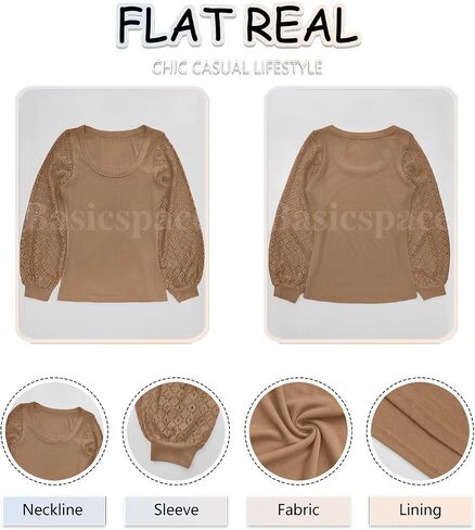Basicspace Womens Fashion Lace Balloon Tops Knit Ribbed Stretch Slim Fitted Shirts Round Neck Blouse for Women in Kuwait