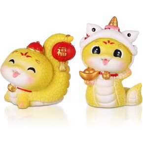 CLISPEED 2025 Chinese New Year Snake Figurine: 2Pcs New Year Zodiac Snake Ornaments Golden Cartoon Resin Lucky Snake Statues - New Year Table Home Decorations