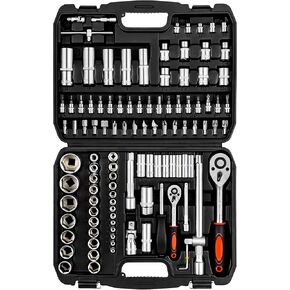 XHTT 108 Piece Metric And Standard 1/4,1/2 Socket Set,And Ratchet Set,Universal Joint,Extension Bars And Quick Release Reversible Ratchet Wrench,Plastic Toolbox Storage.