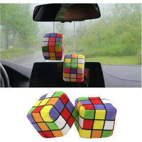 2PCS Magic Cube Car Mirror Hanging, Fuzzy Plush Colorful Automotive Rearview Mirror Hanging Retro Square, Vehicle Interior Decor for Men Women Girls, Universal for SUV, Truck, RV