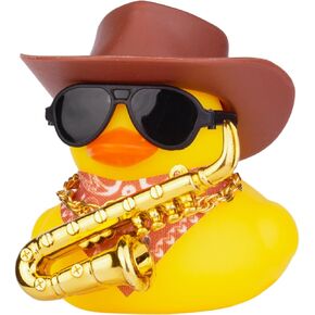 Car Rubber Duck Ornaments Yellow Duck Car Dashboard Decorations with Mini Cowboy Hat Musical Instrument Sunglasses Necklace(D2)
