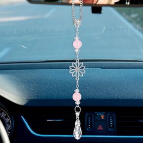 Rear View Mirror Hanging Accessories, Boho Flower Car Crystal Charm Pendant Decor for Women Men Quartz Sun Catcher Aesthetic(Pink Acrylic Alloy)