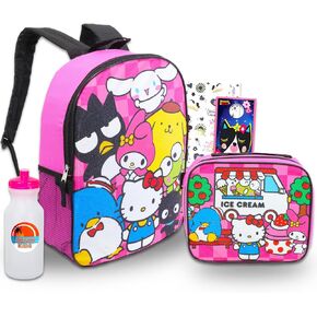 Sanrio Backpack with Lunch Bag Featuring Hello Kitty, My Melody, Keroppi - Bundle with 16" Hello Kitty and Friends Backpack, Lunch Box, Water Bottle, Tattoos, More | Sanrio School Bag Set