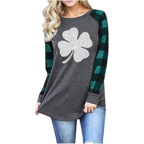 Woffccrd Womens Valentine's Day Shirts Plaid Long Sleeve Raglan Love Heart T-Shirts St. Patrick's Day Spring Tops