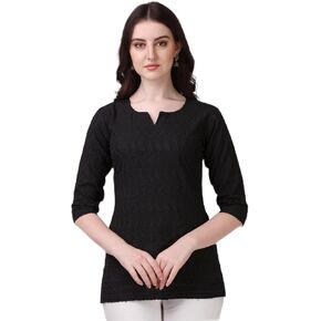 MF MITTAL FASHION Women's Casual Wear Chikan Embroidery Short Tops Tunics with 3/4 Sleeves (Medium, White)