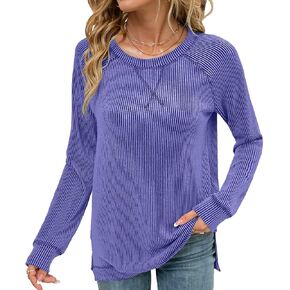 levaca Womens Ribbed Long Sleeve Shirts Loose Fit Exposed Seam Fall Tunics Tops to Wear With Leggings