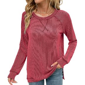 قمصان Levaca النسائية المضلعة بأكمام طويلة وفضفاضة وفضفاضة ومكشوفة وقمصان خريفية للارتداء مع السراويل الضيقة in Kuwait