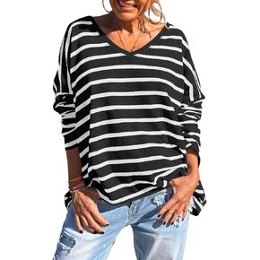 Tankaneo Womens Long Sleeve Striped Shirts Oversized V Neck Tops Casual Loose Fit Tunic