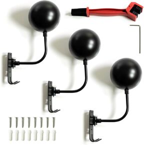 Motorcycle Helmet Holder Rack 3 Pack - Black Wall Mount 180° Rotation Hanger with 2 Metal Hooks for Gear and Accessories Complete with Chain Cleaner