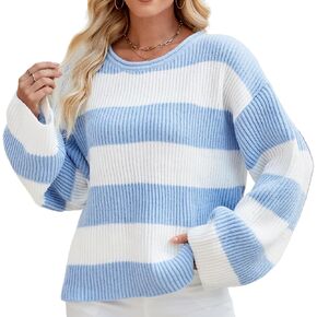 Holiday Sweaters for Women, Women's Long Sleeve Crewneck Striped Color Block Oversized Knit Pullover Sweater