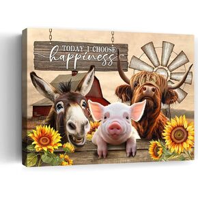 Beabalea Farmhouse Animals Canvas Kitchen Wall Art Rustic Sunflowers Donkey Cow Pig Pictures Wall Decor Country Red Barn Windmills Artwork Painting for Bedroom Bathroom Living Room 12"x16"