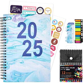 GNILLKO 2024 Planner, 2024 Weekly Monthly Planner with Tabs, Jan.2024 - Dec.2024 Daily Planner with Color Pen, Sticky Notes and Stickers, 6.2" x 8.5", Elastic Closure, Inner Pocket - Green Marble