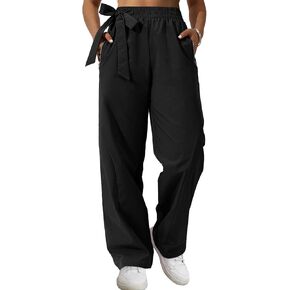 Womens Casual Wide Leg Pants Y2K Trendy Elastic Waist Track Pants Baggy Tie Knot Trousers Zipper Pockets Streetwear