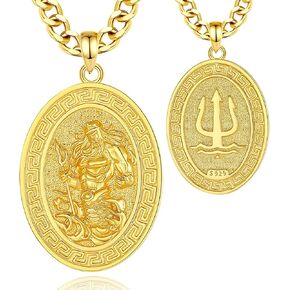 INFUSEU Unique St Michael Poseidon Trident Pendant Necklace, Men Womens Power Protection Gift, 22+2 Inch Chain
