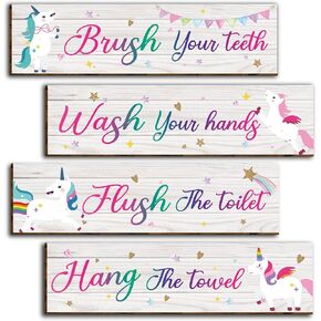 4 قطع من لافتات ديكور حائط الحمام وحيد القرن، قواعد حمام مضحكة، علامة تعليق خشبية للمرحاض، ديكور جدار الحمام، ديكورات ملهمة يونيكورن علامات فنية جدارية للأطفال-2 in Kuwait