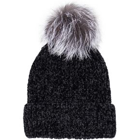surell Women's Soft Chunky Knit Hat with Real Fox Fur Pom - Warm Insulated Women's Beanie - Black and Blue Frost