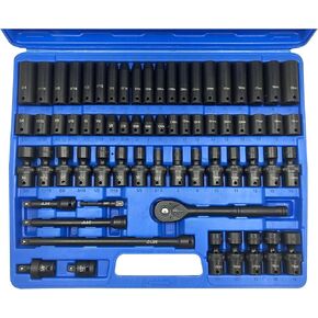 67 Pieces 3/8“ Drive Impact Socket Set, SAE and Metric Sockets, CR-V & CR-Mo, Complete Socket Set with Shallow, Deep & Swivel Sockets, Includes Ratchet, Extension Bars & Adapters