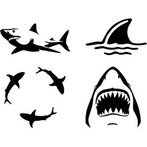 Shark Decals 4 Pack: Detailed Shark, Sharks Circling, Shark Fin, Shark Surfacing (Black, Small ~3.5")