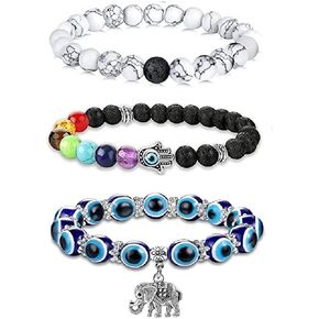 COLORFUL BLING Evil Eye Bracelet Set Chakra Beaded Bracelets Hamsa Mal De Ojo Bracelets with Crystals Elephant Pendant and Healing Stones Birthday Gifts for Women Girls