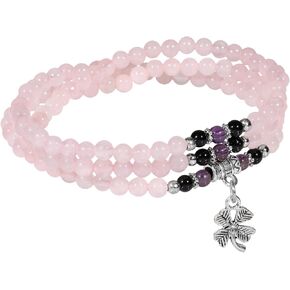 TUMBEELLUWA Prayer Beads Stone Bracelets for Women, Stretchy Multilayer Bracelet with Leaf Clover Lucky Charms