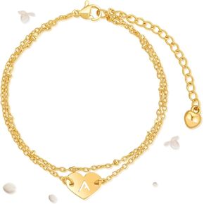 Women Gifts - Women Bracelets - Dainty Golden Initial Heart Charm Chain Bracelets With Hollow Letter