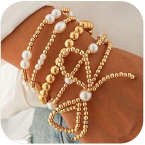 Gold Bow Bracelet for Women Gold Bow Beaded Bracelets Pearl Gold Bead Stretch Bracelets Gold Stackable Bracelets Set Trendy Gold Bracelet Jewelry for Women
