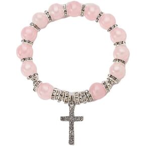 YIYUGEY ㅤGlass Beads Stretch Cross Pendant Bracelet Charm Catholic First Eucharist Confirmation Surprise Religious Baptism Bohemian Natural Stone Beaded Bracelet Fashion Jewelry for Women