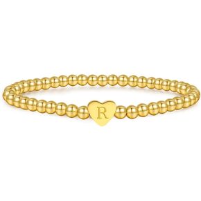 Gold Beaded Initial Bracelet for Women 14K Real Gold Plated A-Z Letter Bracelets for Women Heart Bead Stretch Bracelets