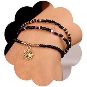 Jumwrit Colorful Beaded Bracelets Halloween Pumpkin Bracelet Spider Web Bat Bracelet Stackable Stretch Bracelets Cute Bracelets Set for Women Girls