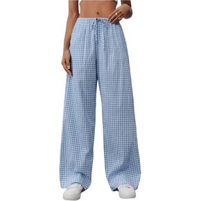 GORGLITTER Women's Gingham Plaid Straight Leg Pants Checkered Low Waist Drawstring Pants with Slant Pockets